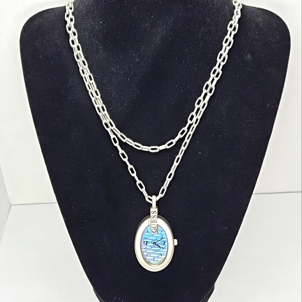 Womens Vintage Guess Watch Necklace Silver Tone New Battery